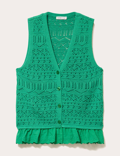 D&eacute;bardeur col v ajour&eacute; aspect dentelle vert menthe femme