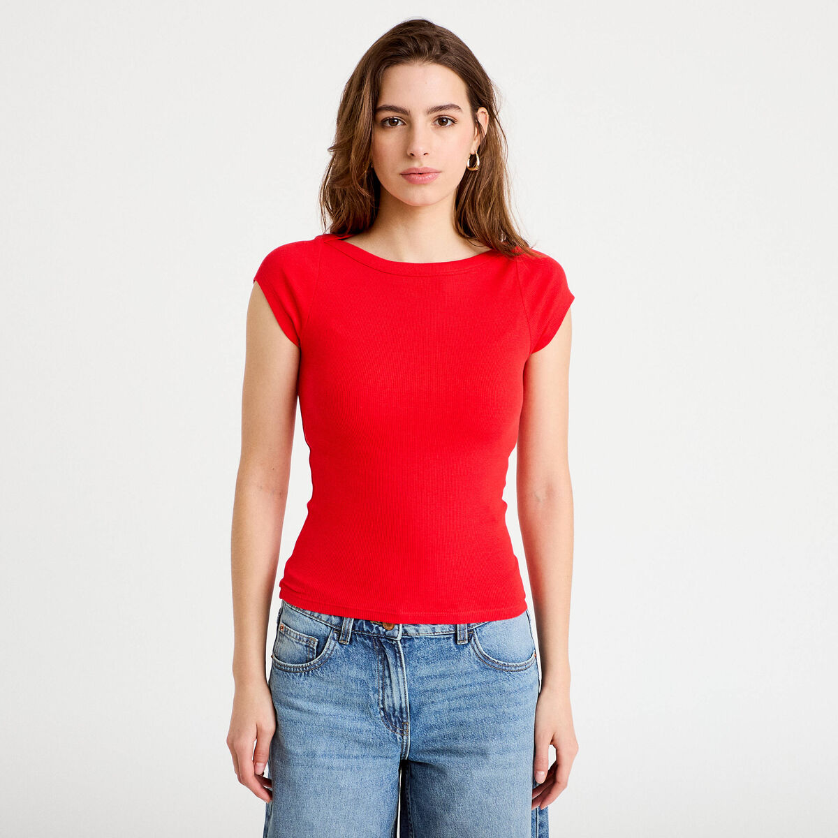 T-shirt cintr&eacute; col bateau rouge femme