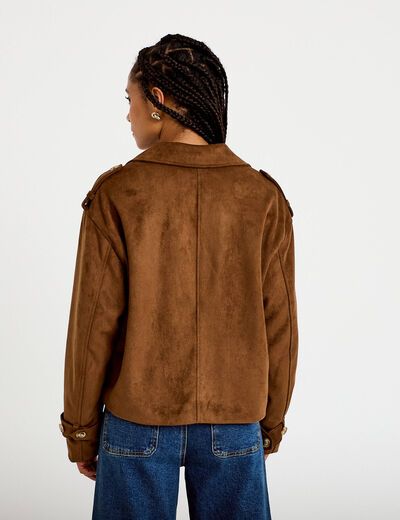 Trench droit manches longues aspect daim marron femme