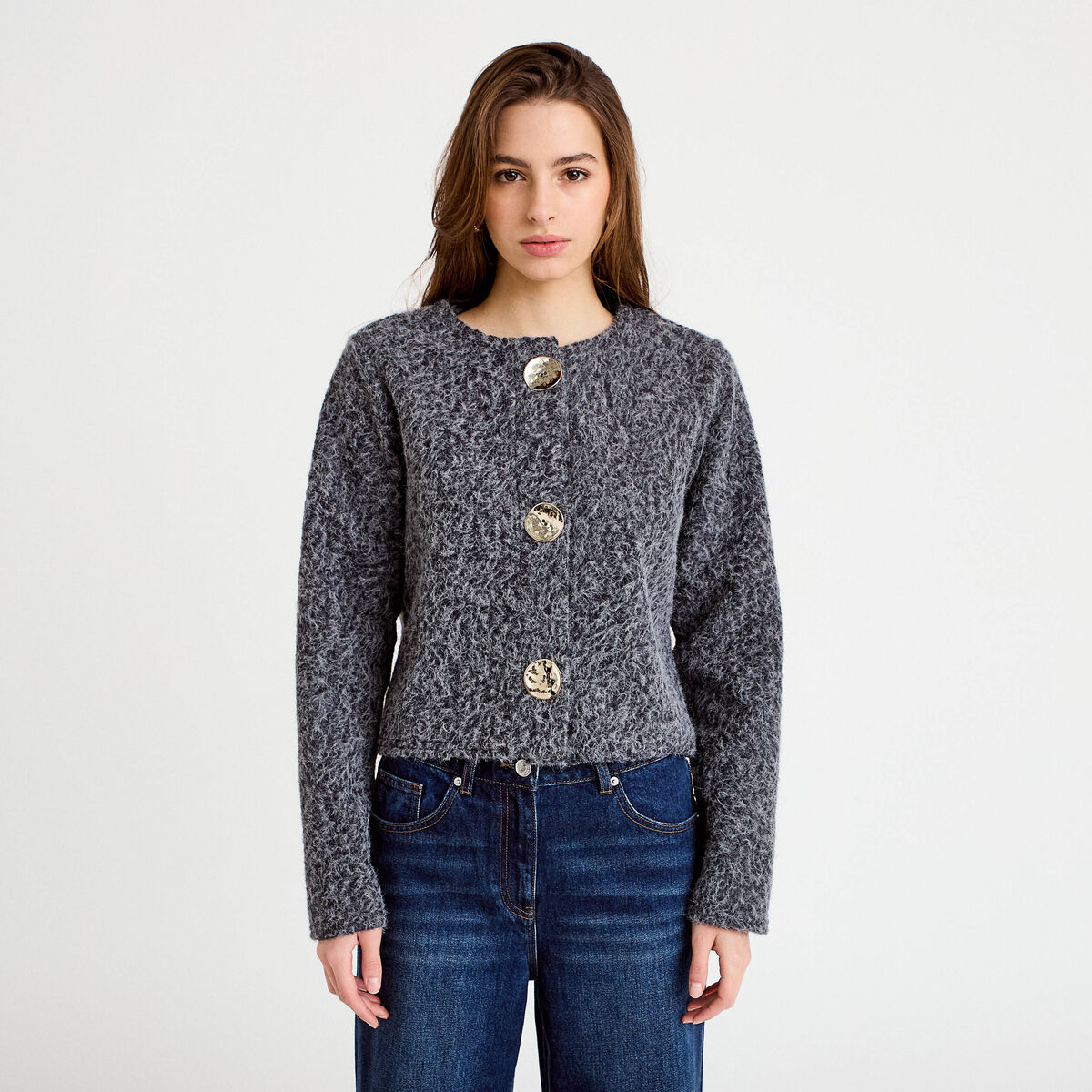 Veste effet polaire gris fonc&eacute; femme