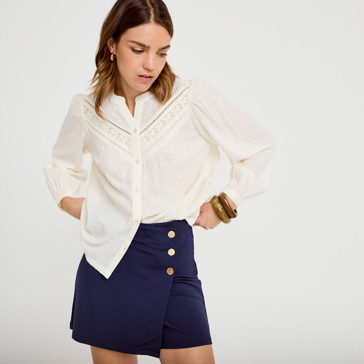 Jupe-short trap&egrave;ze en maille bleu marine femme