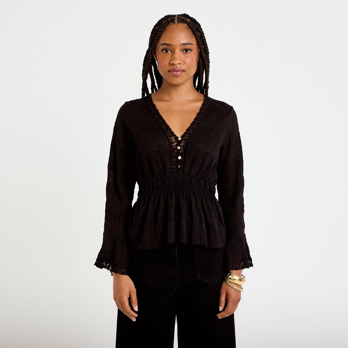 Blouse ajust&eacute;e col v manches longues noir femme