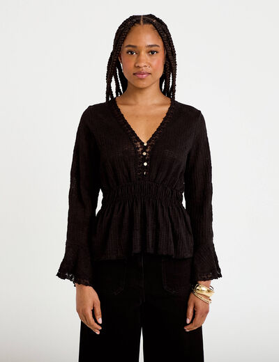 Blouse ajust&eacute;e col v manches longues noir femme