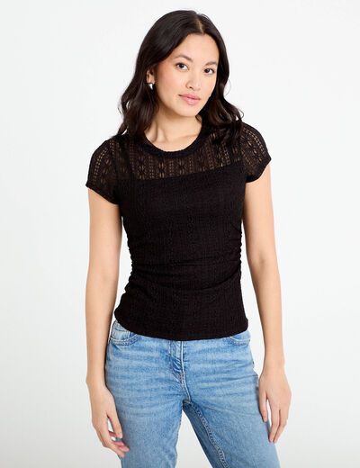 Top en dentelle col rond manches courtes noir femme