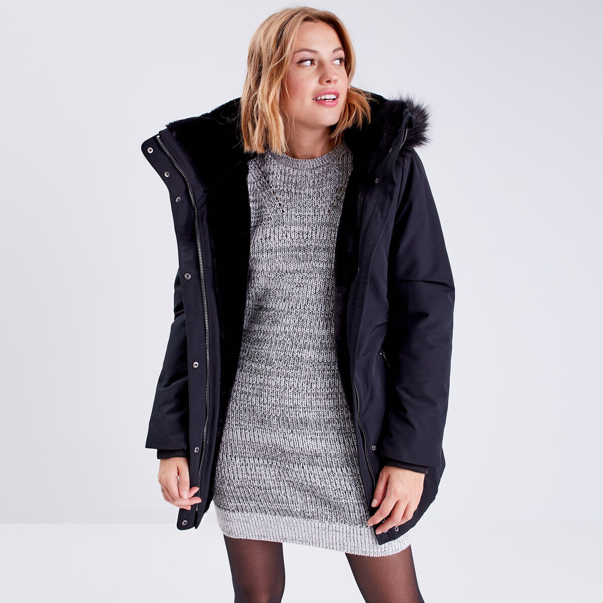 Parka &agrave; capuche fausse fourrure noir femme