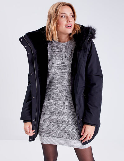 Parka &agrave; capuche fausse fourrure noir femme