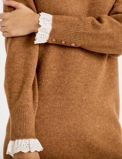 Robe pull ajust&eacute;e col rond dentelle camel femme
