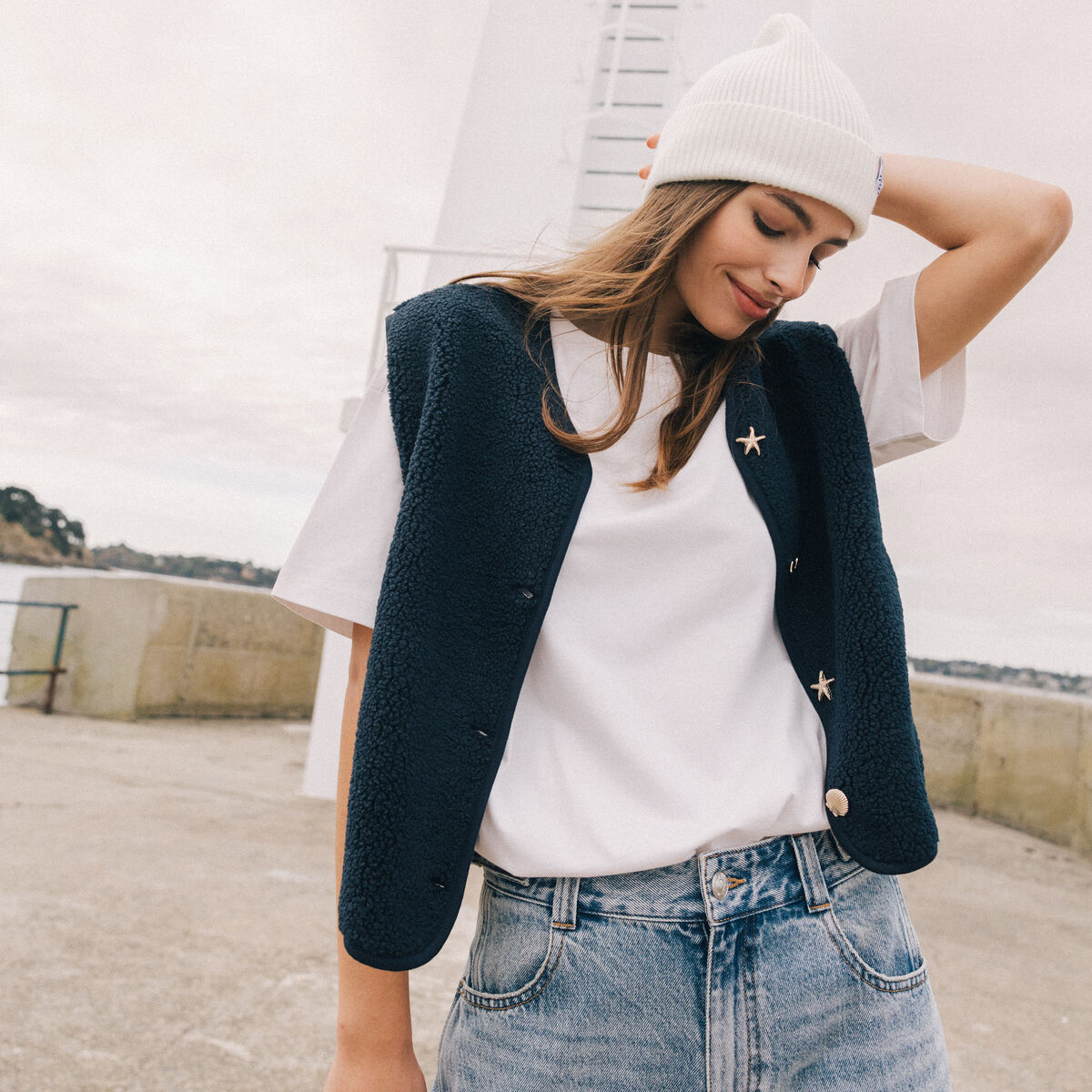 Gilet sans manches effet polaire col v bleu marine femme