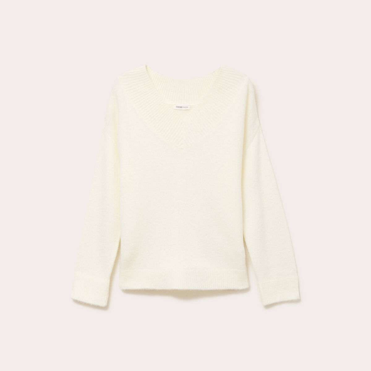 Pull oversize col v manches longues ecru femme