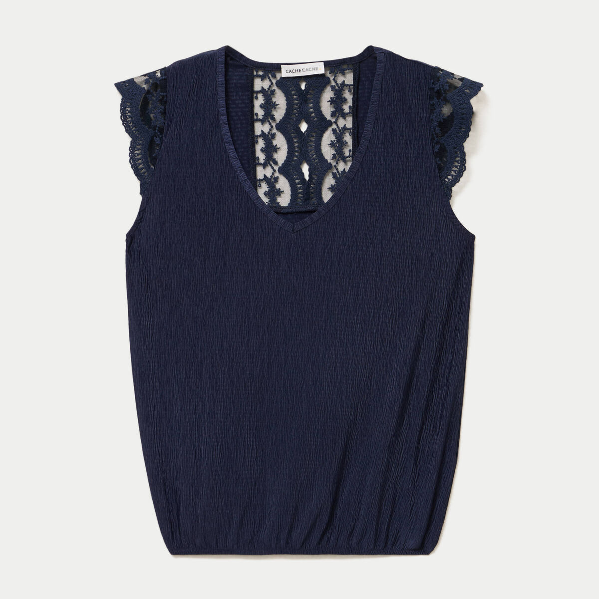 Blouse sans manches pliss&eacute;e bleu marine femme