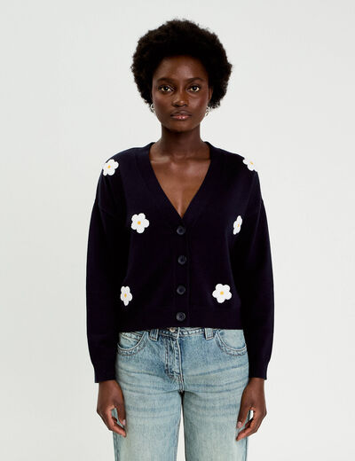 Gilet brod&eacute; col v bleu marine femme
