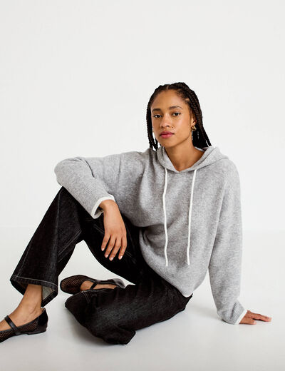 Pull &agrave; capuche gris clair femme