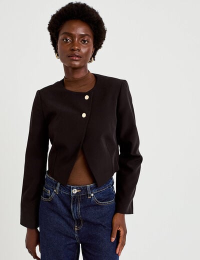 Blazer droit cropped col rond noir femme