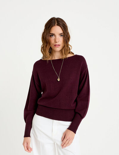 Pull oversize col bateau manches longues prune femme