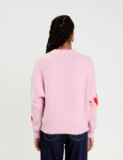 Pull oversize motif coeurs rose clair femme