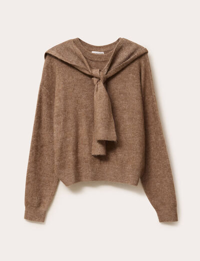 Pull &agrave; capuche manches longues marron clair femme