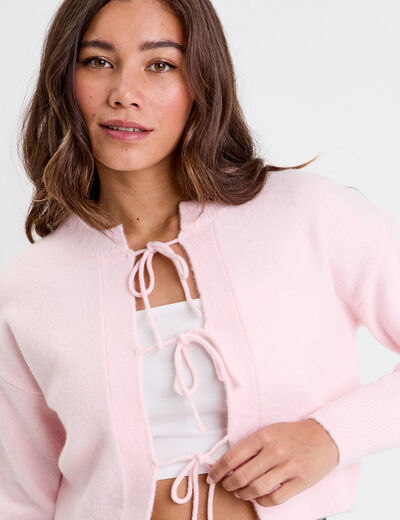Gilet court nou&eacute; rose clair femme