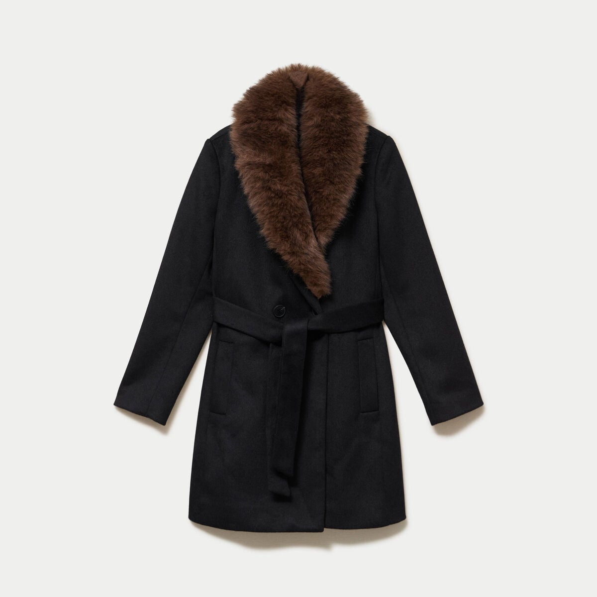 Manteau cintr&eacute; col ch&acirc;le manches longues noir femme