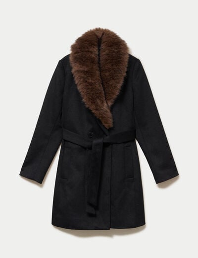 Manteau cintr&eacute; col ch&acirc;le manches longues noir femme