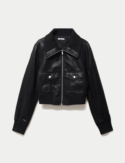 Bomber ajust&eacute; cropped similicuir noir femme