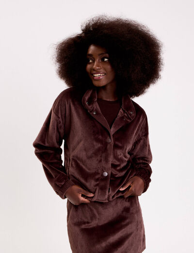 Veste fausse fourrure marron fonc&eacute; femme