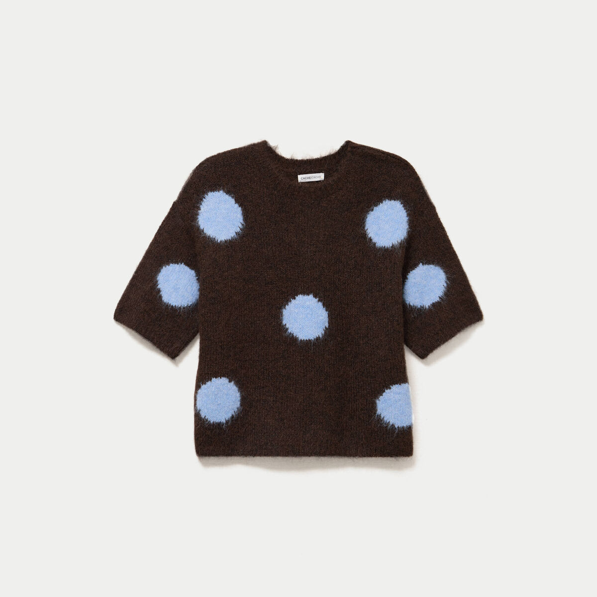 Pull col rond manches courtes marron fonc&eacute; femme