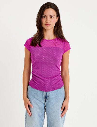 Top ajust&eacute; col rond manches courtes rose fushia femme