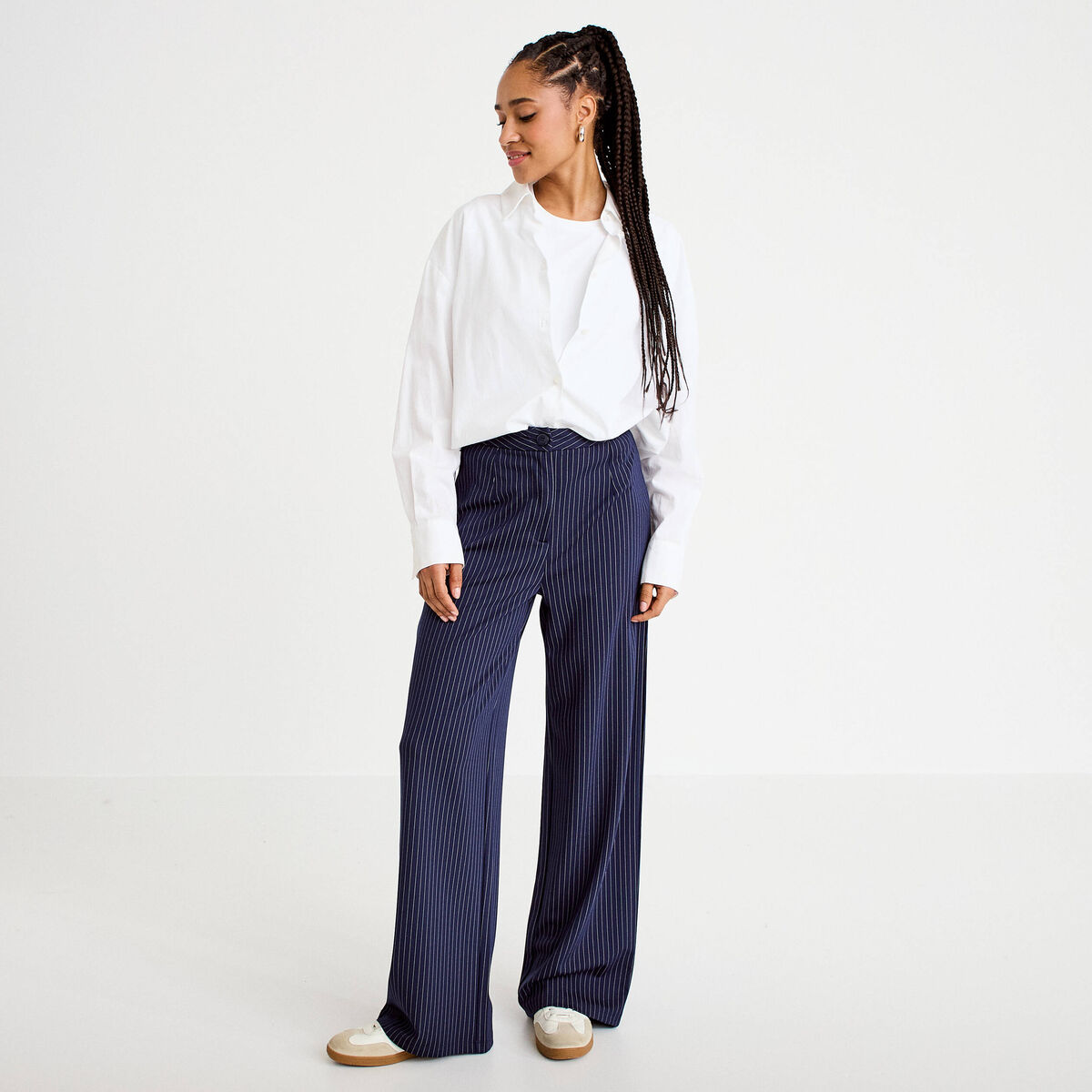 Pantalon large taille haute bleu marine femme