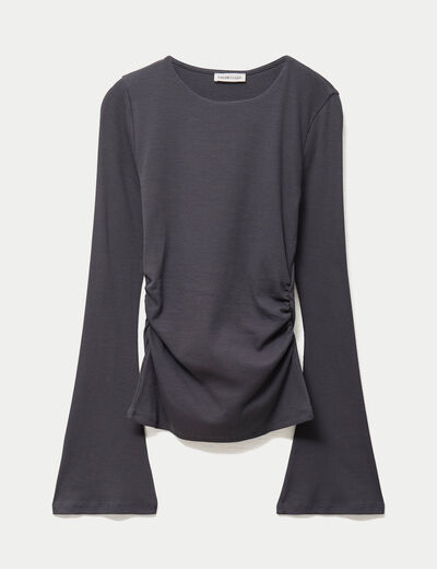 T-shirt ajust&eacute; col rond manches longues gris fonc&eacute; femme