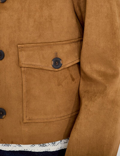 Veste droite cropped aspect daim camel femme
