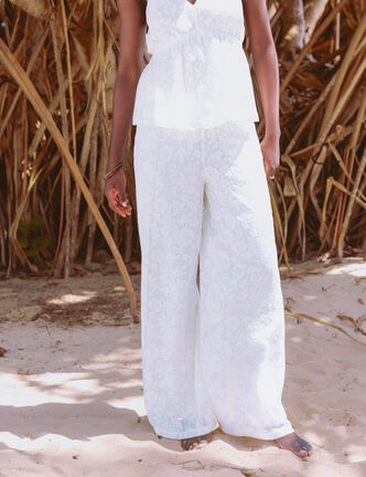 Pantalon large taille haute ecru femme
