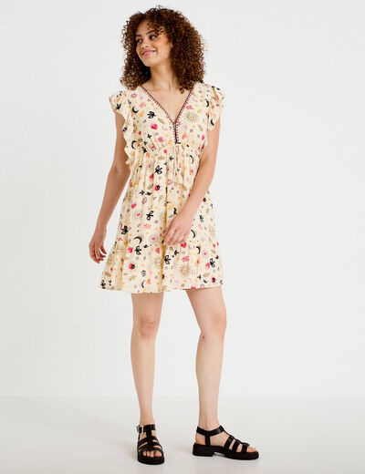 Robe courte &eacute;vas&eacute;e col v manches courtes blanc femme