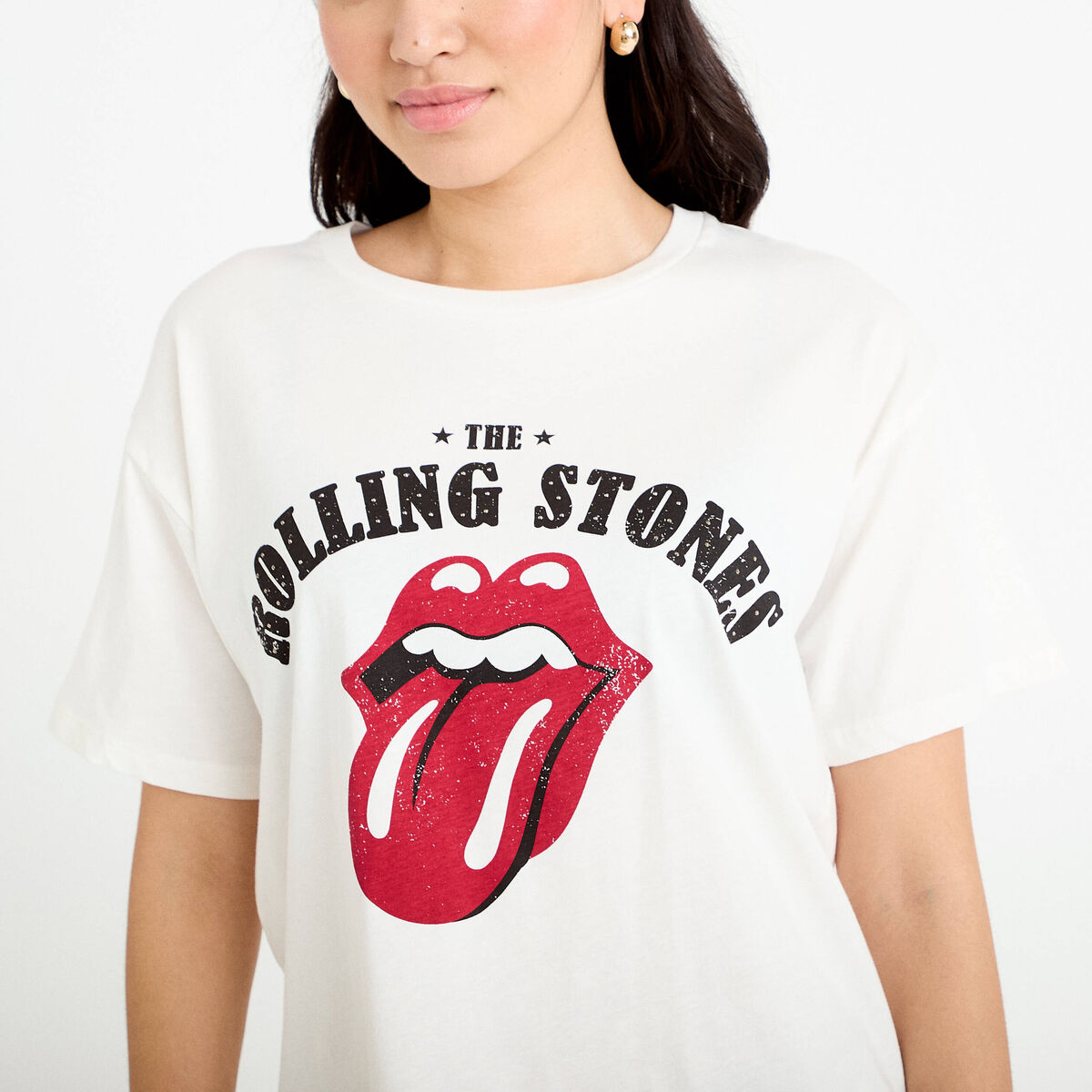 T-shirt oversize col rond rolling stones ecru femme