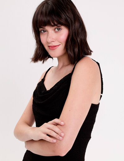 Robe longue droite col b&eacute;nitier dentelle noir femme