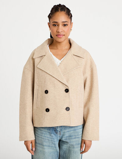 Caban court oversize col tailleur beige femme
