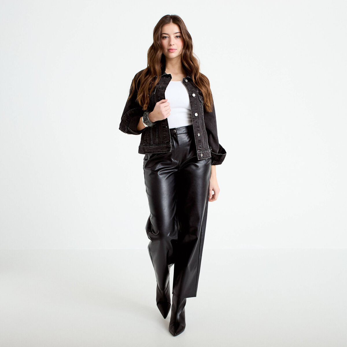Pantalon barrel taille haute similicuir noir femme