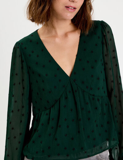 Blouse brod&eacute;e volant&eacute;e vert fonc&eacute; femme