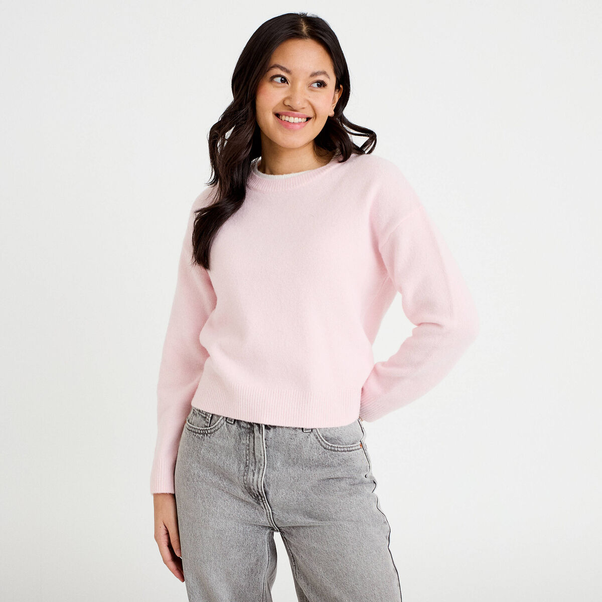 Pull col rond manches longues rose clair femme
