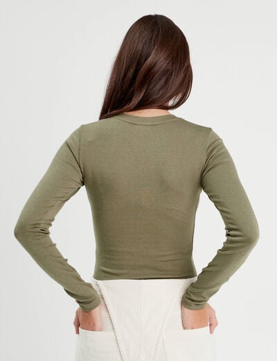 T-shirt cintr&eacute; col rond manches longues vert kaki femme