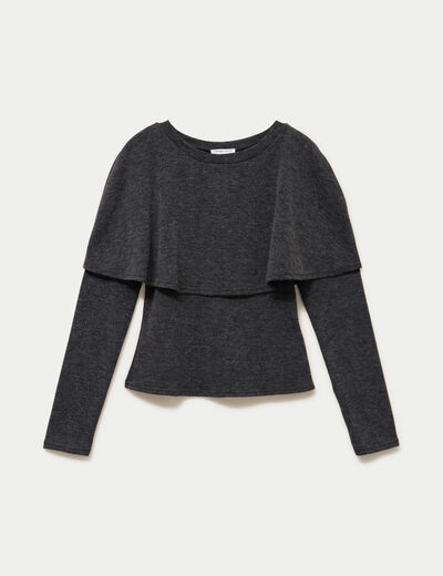 Pull cape col rond manches longues gris fonc&eacute; femme