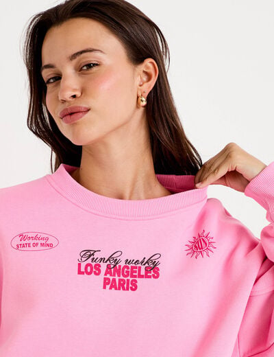 Sweat col rond manches longues rose femme
