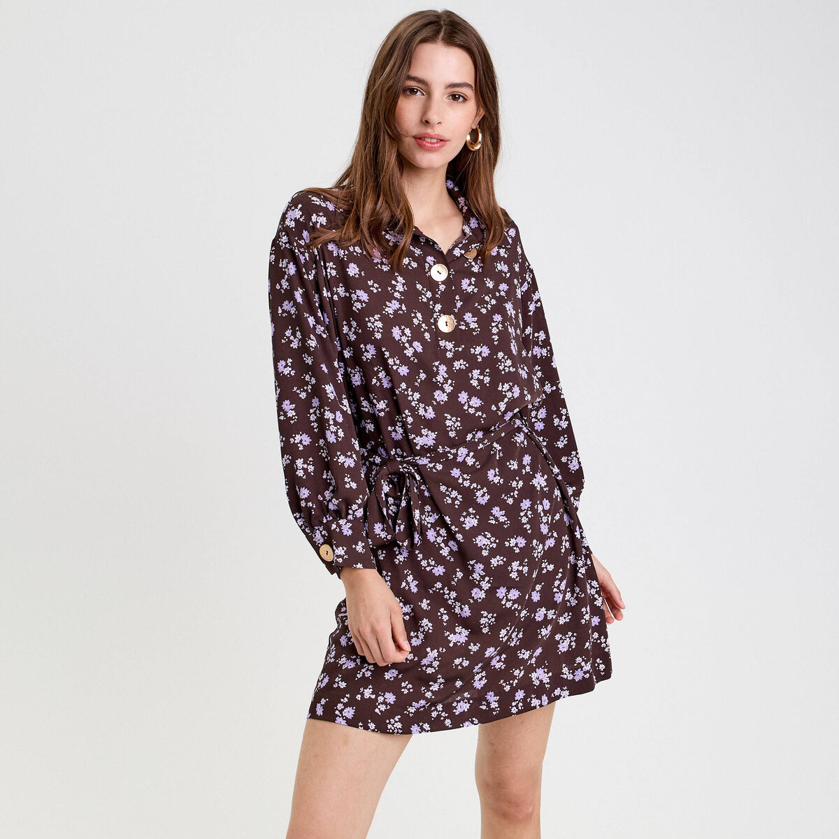 Robe courte droite col chemise marron fonc&eacute; femme