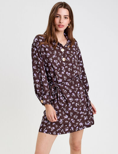 Robe courte droite col chemise marron fonc&eacute; femme