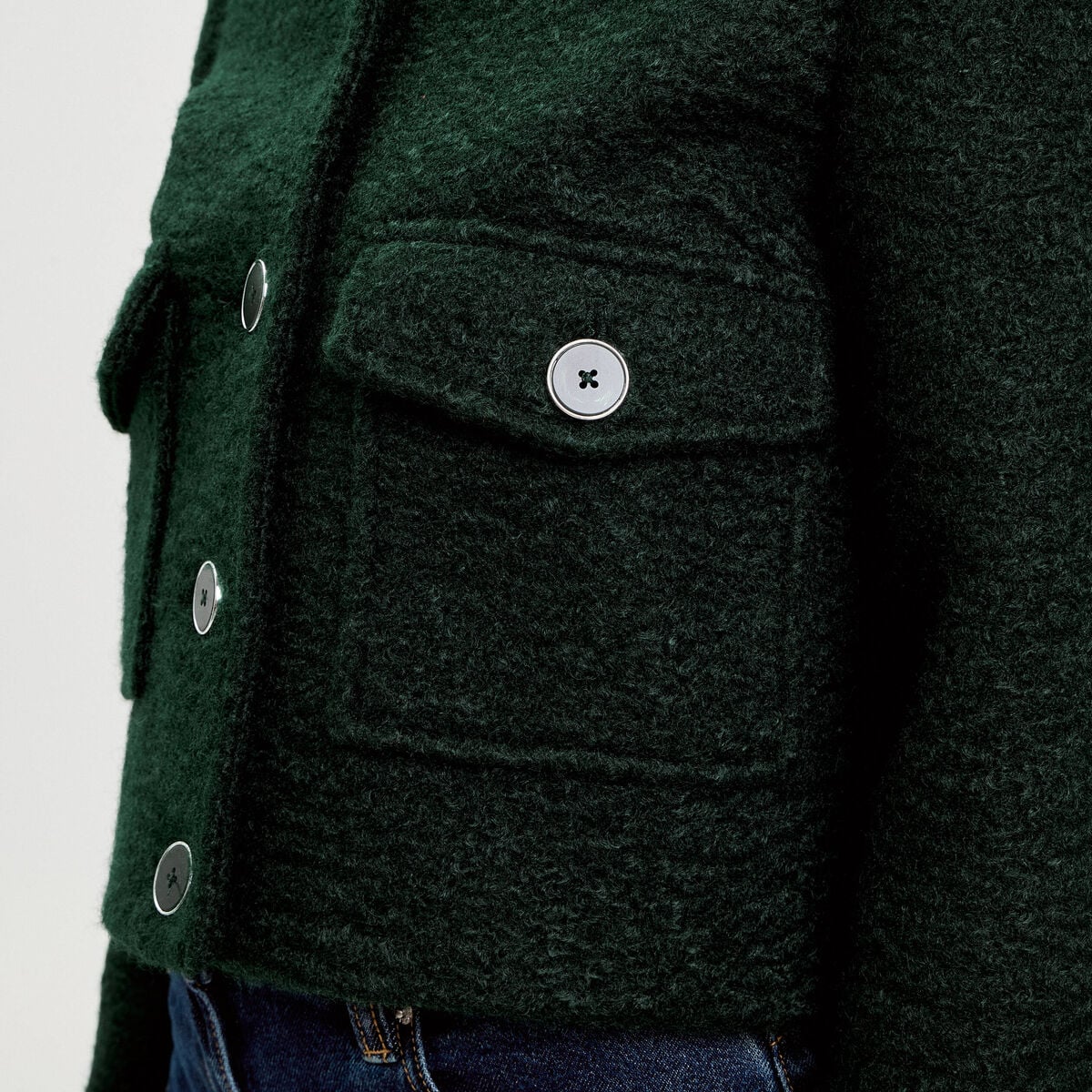 Veste bouclette boutonn&eacute;e vert fonc&eacute; femme