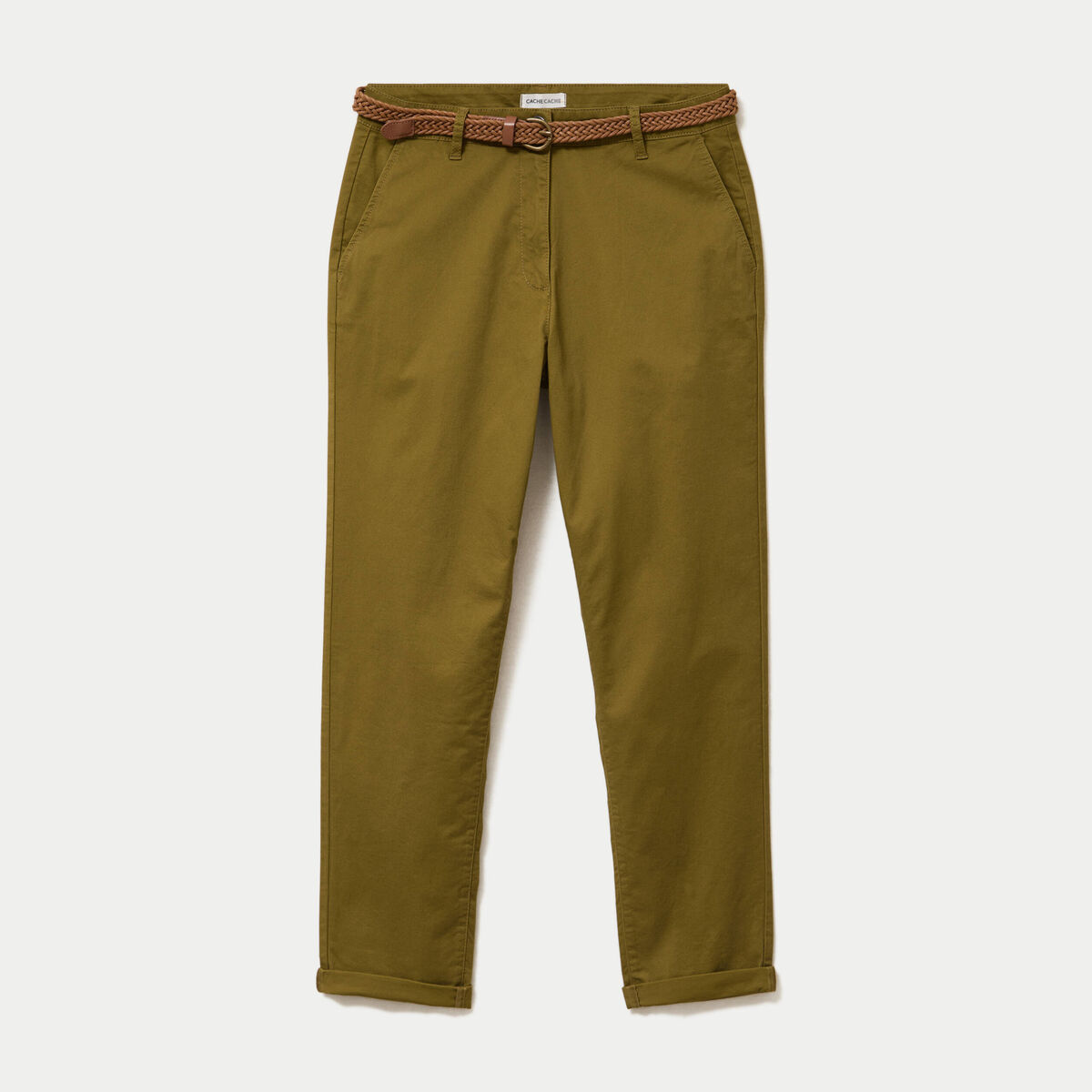 Pantalon chino 7/8&egrave;me vert kaki femme