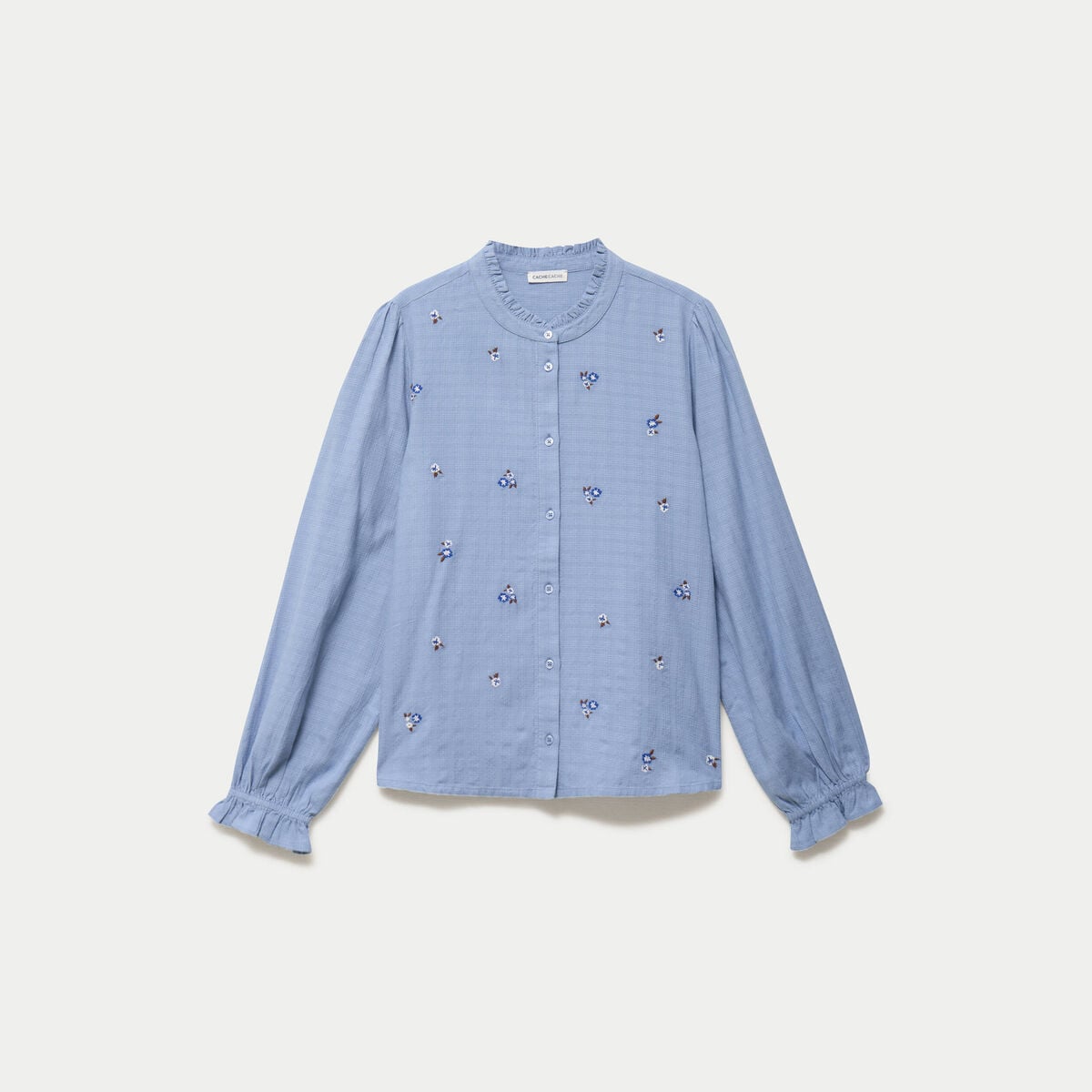 Blouse droite courte col v broderie bleu femme