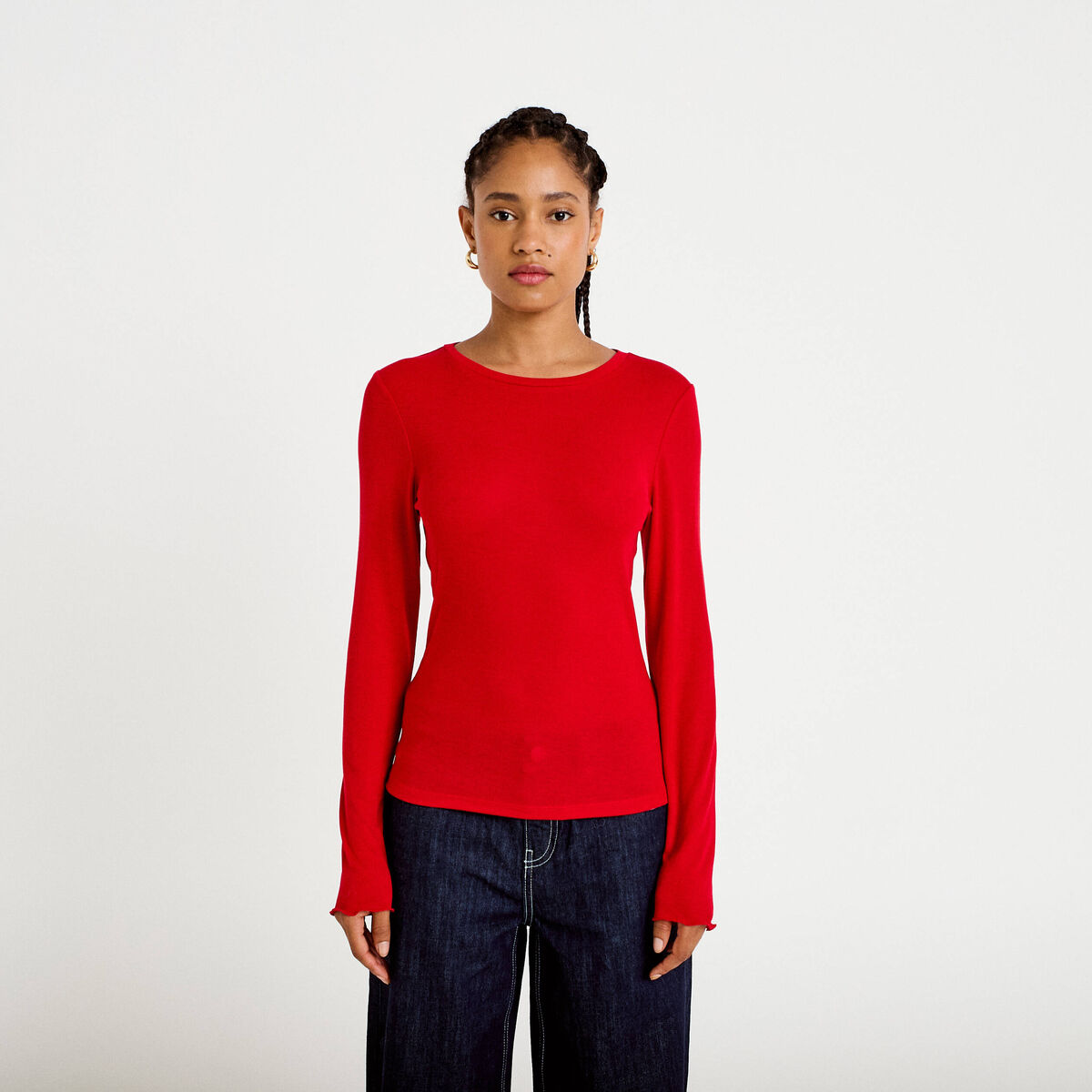 T-shirt ajust&eacute; col rond manches longues rouge femme