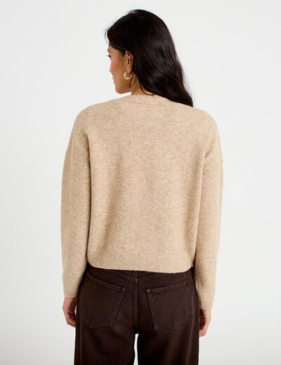 Gilet brod&eacute; col v manches longues beige femme