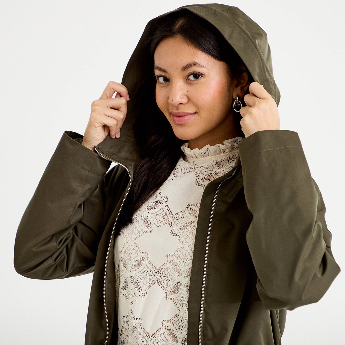 Parka &agrave; capuche taille ajustable vert kaki femme