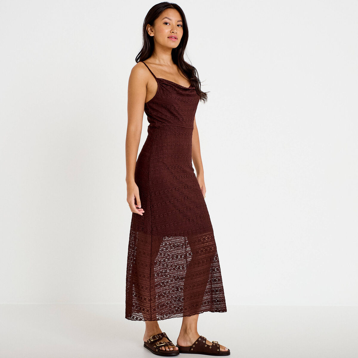 Robe longue droite col b&eacute;nitier dentelle marron femme